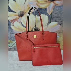 MCM large red tote with zipper and detachable pouch